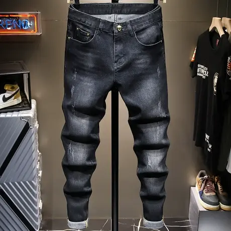 夏季欧洲站男士牛仔裤男潮牌弹力直筒长裤青年复古修身高端小脚裤商品大图