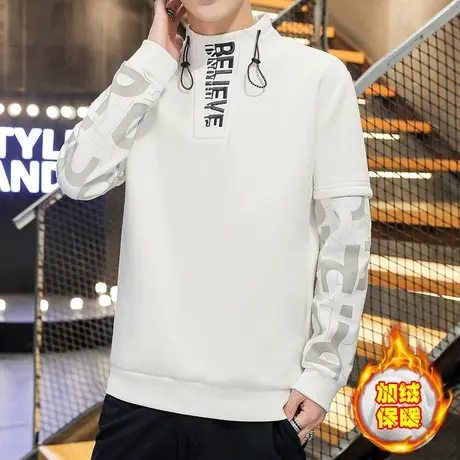 男士潮牌帅气卫衣秋冬季加厚加绒假两件长袖t恤ins高领冬款上衣服商品大图