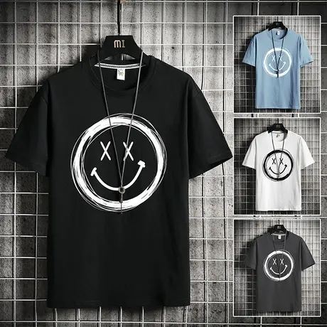 速干宽松大码短袖T恤男2024新款夏季美式潮流笑脸打底衫半袖体恤商品大图