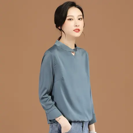 韩潮袭人立领镂空雪纺衫长袖衬衣春季新款百搭女士衬衫设计感小众图片