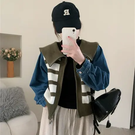 牛仔袖拼接海军领条纹毛衣外套女秋冬2023新款设计感拉链开衫上衣商品大图