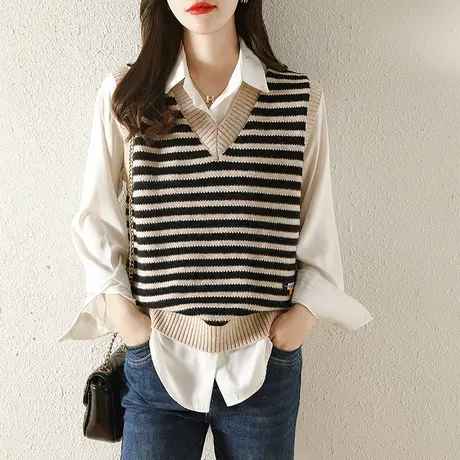 条纹背心针织马甲女秋装2024新款宽松毛衣马夹V领无袖上衣学院风商品大图