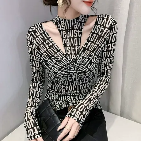 设计感小众潮牌上衣性感镂空T恤女装紧身内搭打底衫女长袖春秋潮t图片