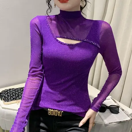 半高领网纱打底衫女士长袖内搭性感镂空上衣钉珠气质显瘦T恤春秋商品大图