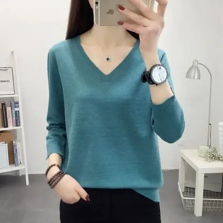 v领针织衫宽松纯色套头打底衫秋装2022春款七分袖内搭女士上衣潮商品大图