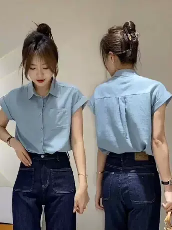 夏季新款别致小个子纯色衬衣时尚休闲气质舒适翻领短袖衬衫上衣女商品大图