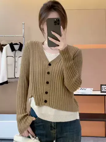 慵懒风假两件针织衫2023秋季新款小众设计洋气休闲毛衣上衣外套潮商品大图