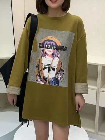 2023秋冬新款翻袖圆领卫衣女宽松中长款长袖套头T恤印花上衣气质商品大图