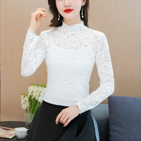 白色蕾丝上衣女夏季新款修身西装内搭打底衫半高领短款外穿长袖仙图片