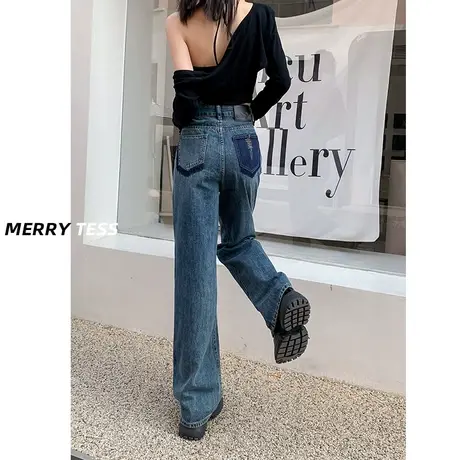 复古蓝刺绣窄版阔腿牛仔裤女2023秋季新款高腰显瘦百搭撞色直筒裤图片