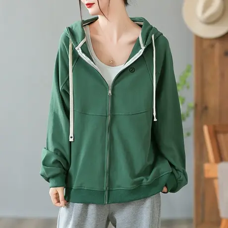 dza 复古宽松短款连帽卫衣外套女士春秋百搭运动上衣拉链长袖开衫图片