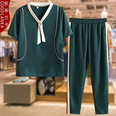 母亲节中年妈妈夏装短袖t恤两件套大码宽松洋气气质女士休闲套装商品大图