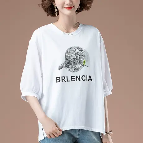 短袖t恤女夏季宽松加肥加大码女装纯棉印花镶钻遮肚显瘦半袖体恤商品大图