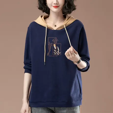 卫衣女春秋新款加肥加大码女装宽松中年妈妈休闲刺绣连帽套头上衣商品大图