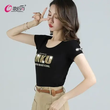 潮流欧洲站短袖t恤女纯棉字母印花烫钻正肩修身显瘦高端体恤上衣图片