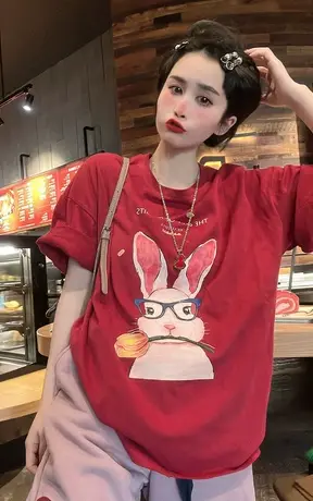 2023春秋新款韩版发卡小兔子印花洋气半袖加厚时尚百搭圆领T恤女商品大图