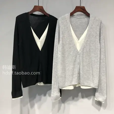 2023秋装 韩国东大门新款单排扣V领宽松显瘦假两件针织衫开衫女图片