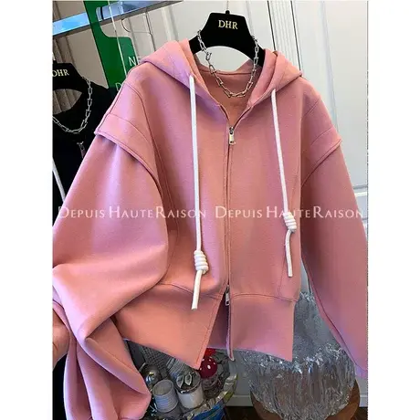双开拉链假两件连帽卫衣上衣外套女宽松休闲设计感小众2023春秋装商品大图