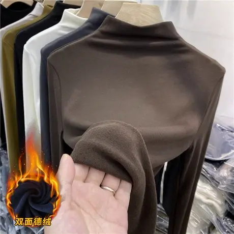 秋冬加绒2023洋气德绒保暖百搭长袖t恤上衣服半高领内搭打底衫女商品大图