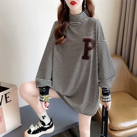 长袖t恤女秋冬韩版宽松加绒加厚中长款德绒条纹假两件打底衫上衣商品大图