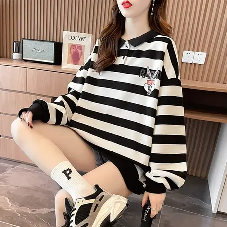 早秋设计感小众卫衣女春秋季韩版宽松薄款初秋百搭条纹上衣服外套图片