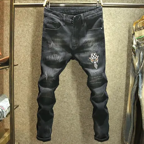 黑色水洗印花镶钻牛仔裤男款修身小脚弹力长裤潮牌刺绣裤子秋冬款图片