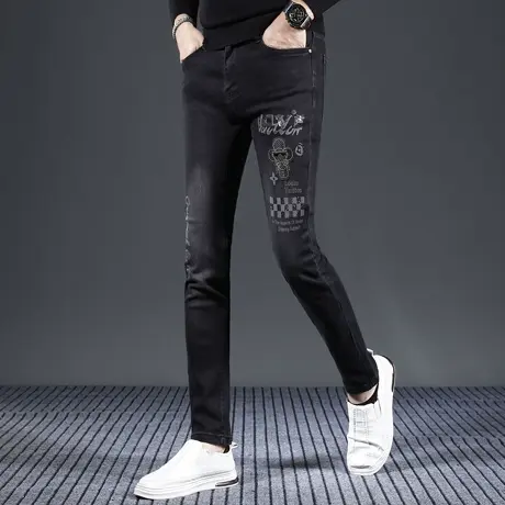 高端烫钻牛仔裤男2023秋冬新款时尚印花男士弹力修身小脚休闲长裤商品大图