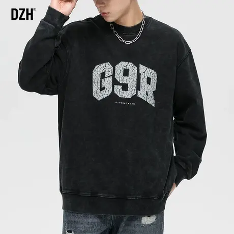 男士高街美式卫衣男圆领秋季黑色上衣2023新款印花长袖t恤打底衫图片