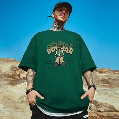 日系加肥加大夏季胖子半袖纯棉t恤青少年美式复古潮宽松重磅短袖商品大图