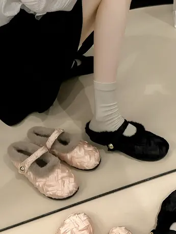 平底小香风加绒毛毛棉拖鞋女外穿2023秋冬季玛丽珍设计感包头半拖商品大图