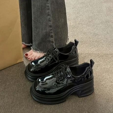 2024新款春秋季松糕厚底小皮鞋圆头系带英伦风乐福鞋增高漆皮单鞋商品大图