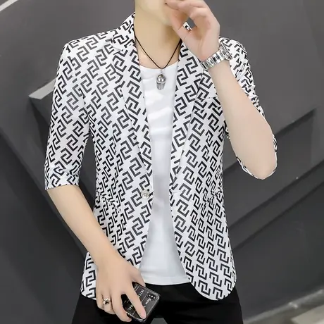 男士夏季休闲西装2022新款帅气印花单西外套七分袖薄款格子小西装商品大图