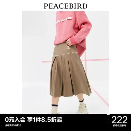 太平鸟灯芯绒咖色百褶裙女冬季新款高腰压褶轻运动半身长裙子图片