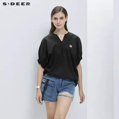 sdeer圣迪奥休闲简约V领字母贴布松紧蝙蝠袖衬衫S19280408图片