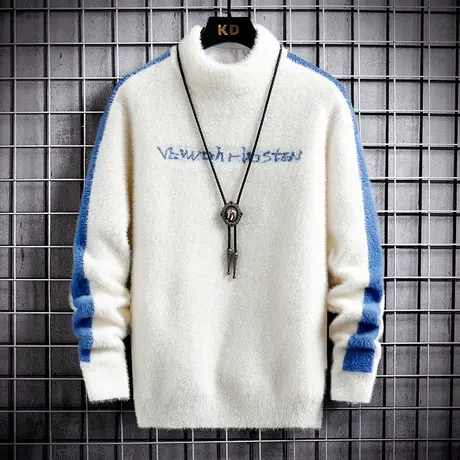 水貂绒半高领男士毛衣潮打底衫2023秋冬季加绒加厚中领拼色羊毛衫商品大图