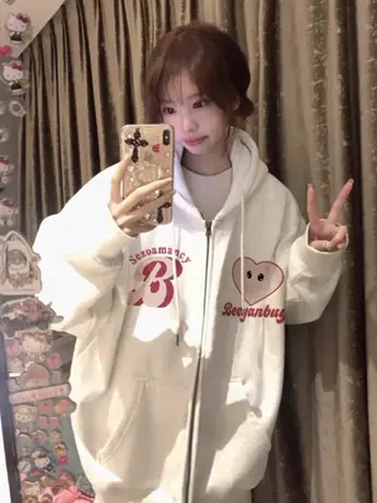 oversize卫衣女秋冬季小个子高级感上衣大码连帽加绒加厚开衫外套商品大图