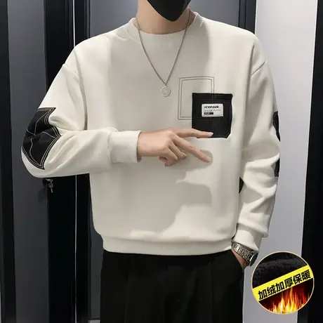 圆领卫衣男2023秋冬季潮牌ins加绒加厚打底个性潮流保暖修身外套商品大图