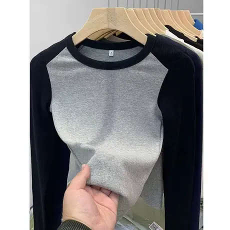 2024春季新款小个子修身长袖T恤打底衫内搭拼接撞色百搭上衣女潮商品大图