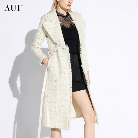 AUI杏色中长款修身毛呢外套女2024年早春新款气质小香风呢子大衣图片