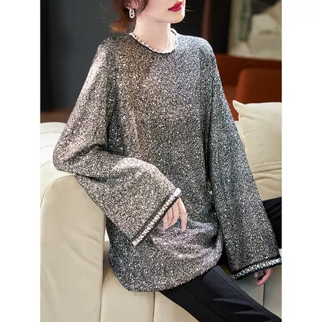 宝诗黎圆领重工钉珠亮丝卫衣2024春季新款设计感百搭休闲上衣女商品大图