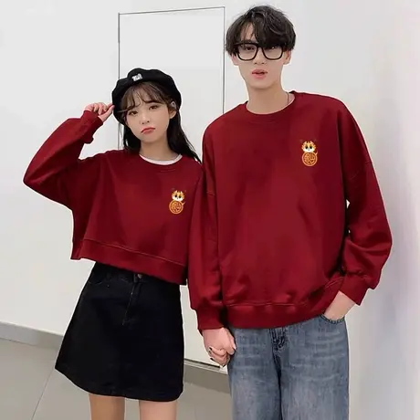 酒红色短款卫衣男女2024龙年本命年小个子上衣秋冬加绒加绒情侣装图片