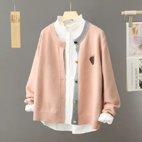 学院风粉色圆领针织开衫女春秋季设计感小众学生宽松毛衣外套上衣商品大图