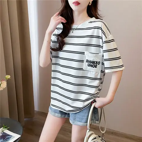 日系条纹T恤女2024新款夏季宽松韩版短袖tee潮牌百搭学生情侣半袖商品大图