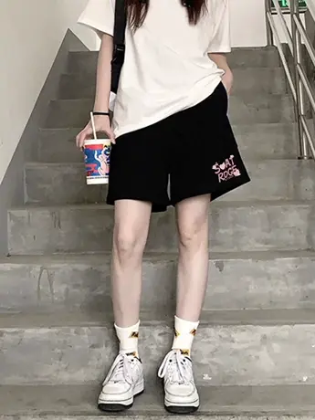 黑色运动短裤女夏季学生宽松显瘦百搭薄款休闲五分裤直筒阔腿裤子商品大图