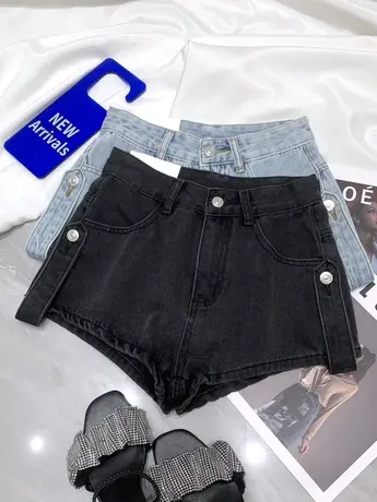 欧洲站高腰牛仔短裤女2024春夏新款显瘦百搭侧边绑带辣妹a字短裤图片