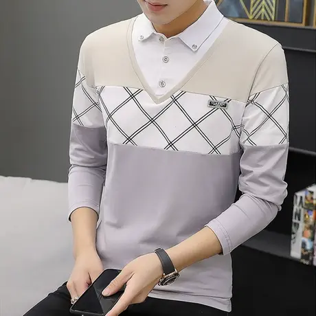 秋冬季长袖t恤男潮流纯棉polo衫衬衫领假两件拼接撞色翻领上衣服商品大图