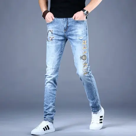 2023新款男士烫钻印花牛仔裤男款秋款轻奢潮牌修身小脚裤子男夏天图片