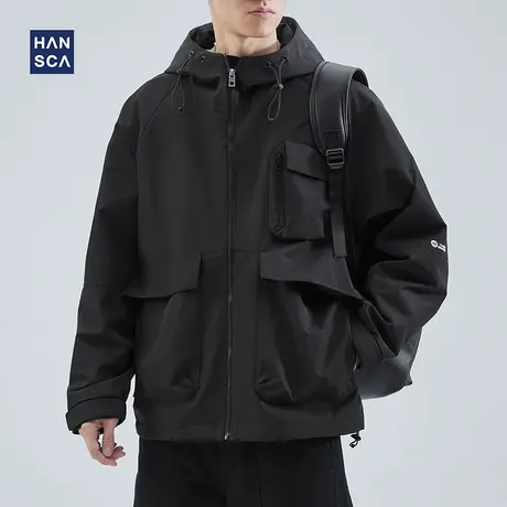 hansca黑色机能冲锋衣春季潮牌休闲痞帅连帽多口袋工装夹克外套男图片