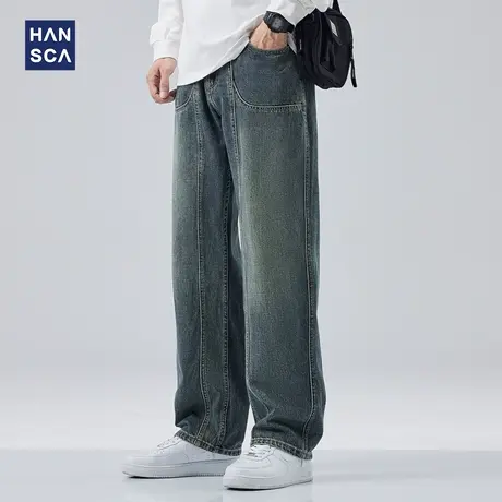 hansca复古工装牛仔裤男直筒宽松秋季美式高街男裤阔腿休闲裤子潮商品大图