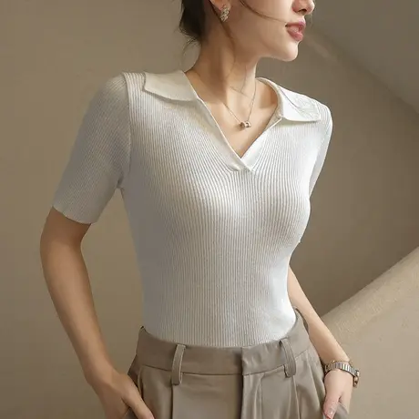 v领t恤女2024新款夏季冰丝辣妹正肩短袖体恤修身针织打底衫女上衣图片